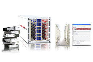 Zusammenstellung aus mehreren Fotos: ein Stapel aus sieben schwarzen Ordnern, ein geöffneter weißer Container zur Aktenarchivierung bei LAGER 3000, ein Gang voller Container und ein Screenshot einer digitalen Bestandsübersicht