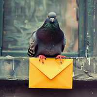 Eine Straßentaube sitzt auf einem Fensterbrett und hält in Ihren Krallen einen orangefarbenen Brief