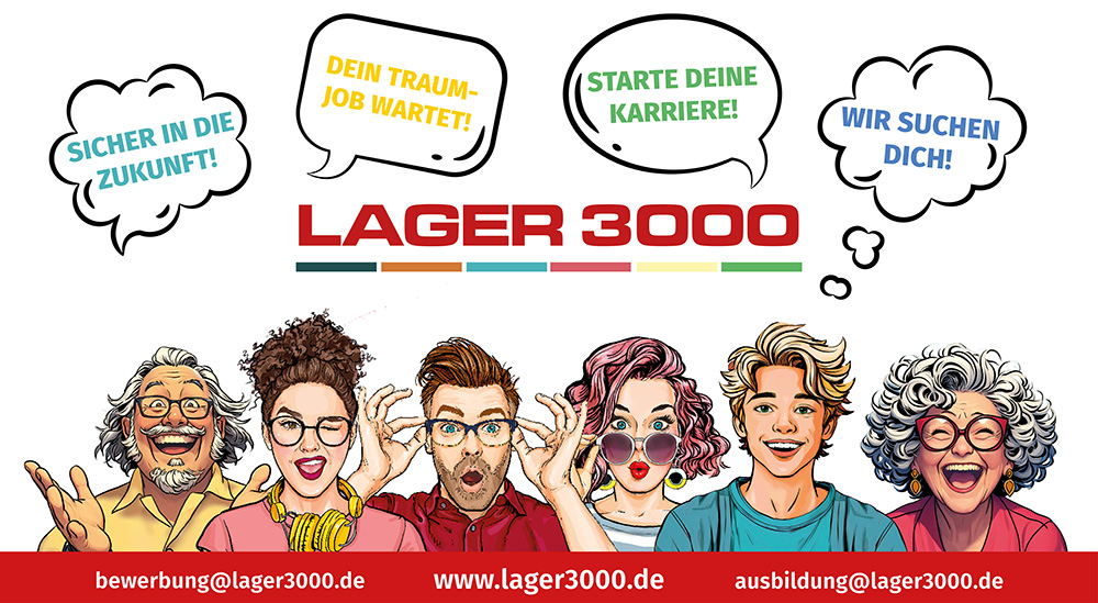 Sechs Menschen mit begeistertem Gesichtsaudruckt und motivierenden Sprechblasen über den Köpfen, die zur Bewerbung bei LAGER 3000 auffordern